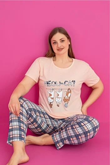 Farya Home X-Dreamy Plus Size Cotton Patterned Short Sleeve Pajamas Set