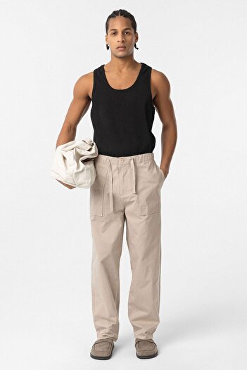 VAMOSCLO Baggy Fit Gabardine Trousers Beige