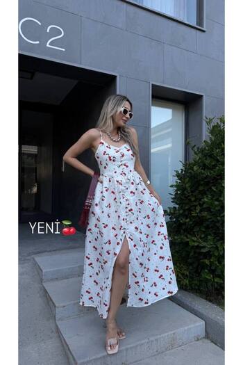 Friday Mood Women's White Cherry Patterned Dress with Slit Detail