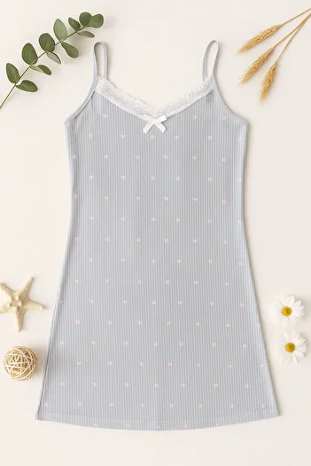 enmodaiçgiyim 100% Cotton Viscose Lace Bow Patterned Women's Nightdress – Stretchy Fabric, Stylish and Comfortable Design