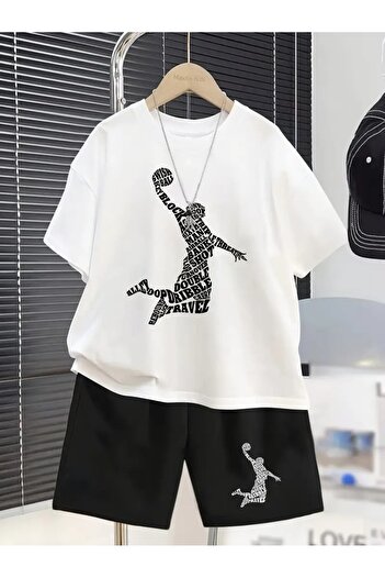 Renna Mood Boy's White-Black Travel Basketball Printed Shorts-Tshirt Set