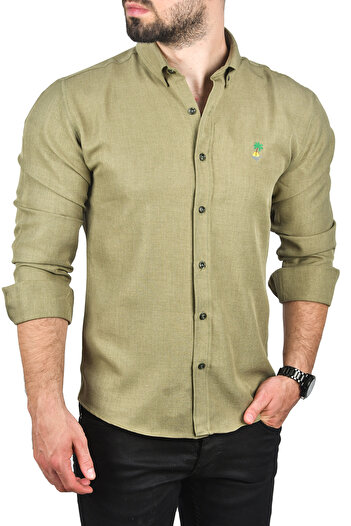 DeepSEA Men's Khaki Slim Fit Slim Fit Linen Shirt Cotton Sports Shirt 2501305