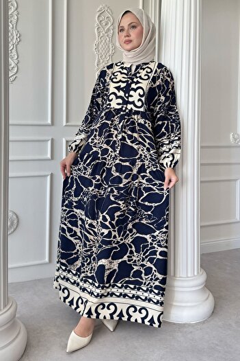 InStyle Line Motif Pattern Navy Blue Viscose Dress
