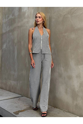hazelin Women's Black Striped Front Zipper Blouse Pants Double Suit Hzl25S-Zk13691