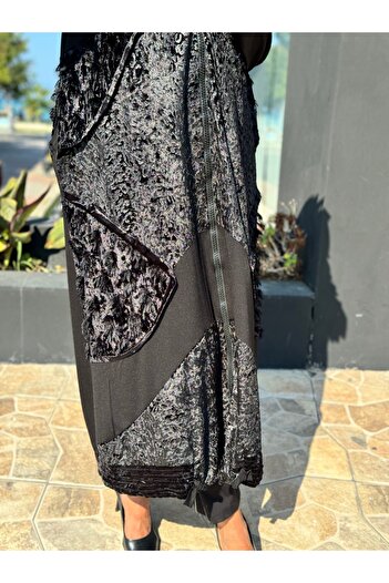 MissWhence Velvet Patchwork Black Overcoat 36410