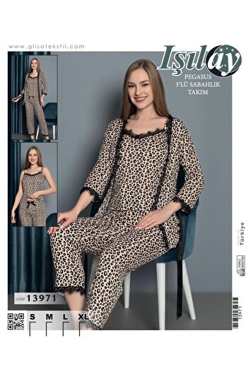 GLİSA IŞILAY Leopard Patterned 3-Piece Pajama Set with Dressing Gown