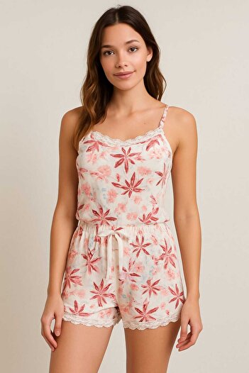 Humaone Summer Pajama Set with Lace Detail String Suspender Shorts