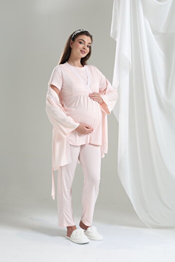 Tuba Kadın Pudra Kruvaze Yaka Dantel Detaylı Lohusa Hamile 3'Lü Pijama Takımı