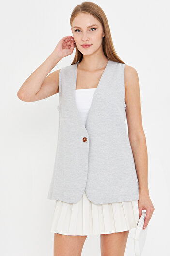 armonika Women's Gray V-Neck Single Button Oversize Vest Arm-25Y001036