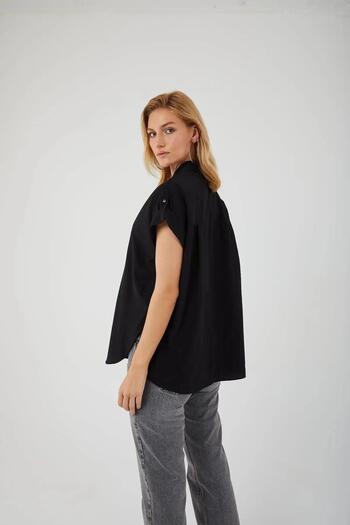 Mixray 3967 Women's Epaulet Short Sleeve Oversize Shirt Black