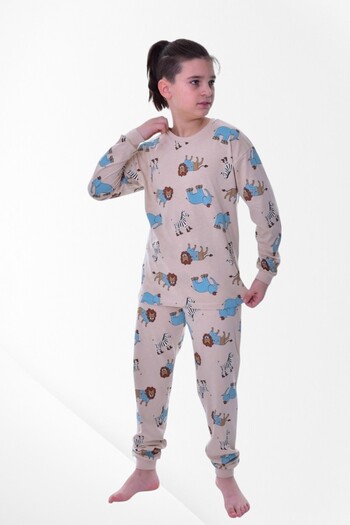 Pajama Shop Boys' 100% Cotton Beige Color Elephant Zebra Lion Patterned Long Sleeve Winter Pajama Set