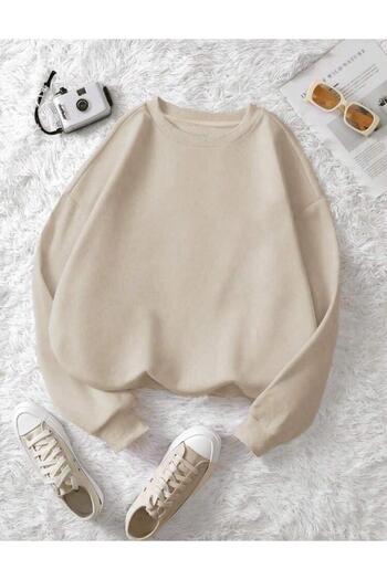 caddekombin Basic Crew Neck Beige Sweatshirt with Wool Inside