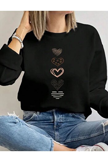 caddekombin Simple Heart Drawing Printed Crew Neck Black Sweatshirt