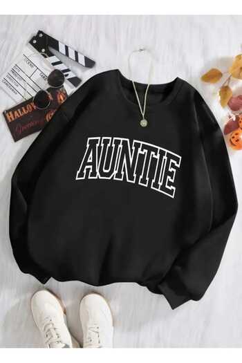 caddekombin Auntie Printed Crew Neck Black Sweatshirt