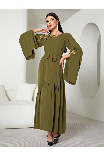 Take Two By Styli Floral Embroidery Split Sleeve Ruffle Hem Belted Maxi Dress