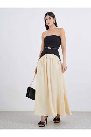 Styli Women Color Block Strapless A-Line Maxi Dress with Belt Detail