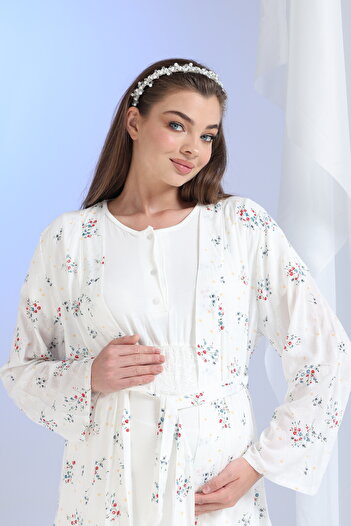 Tuba Kadın Ekru Çiçek Desenli Dokuma Sabahlık Lohusa Hamile 3'Lü Pijama Takımı