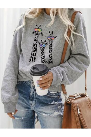 caddekombin Three Giraffe Printed Crew Neck Gray Sweatshirt
