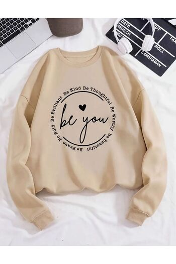 caddekombin Be You Printed Crew Neck Beige Sweatshirt