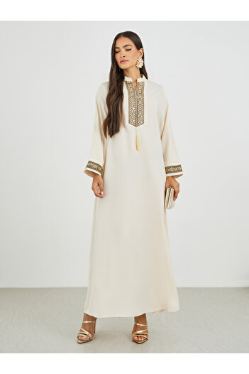Styli Lace Trim Detail Single Tassel A-Line Jalabiya