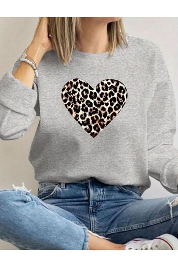 caddekombin Leopard Patterned Heart Printed Crew Neck Gray Sweatshirt