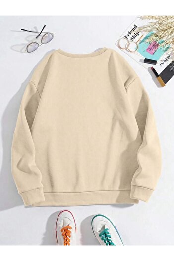 caddekombin Black Heart Chest and Sleeve Printed Crew Neck Beige Sweatshirt