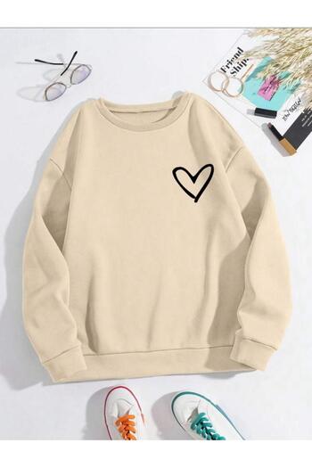 caddekombin Black Heart Chest and Sleeve Printed Crew Neck Beige Sweatshirt
