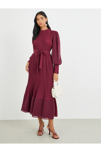 Take Two By Styli Solid Lantern Sleeve Pleated Ruffle Hem Midi Dress
