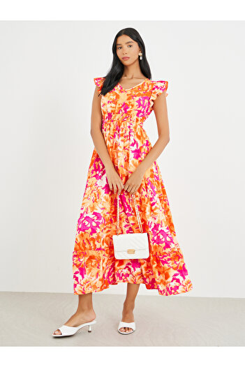 Take Two By Styli All-Over Print V-Neck Ruffled Hem Maxi Dress