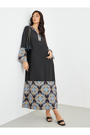 Styli Printed Notch Neck A-Line Jalabiya
