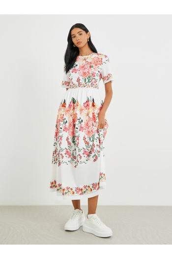 Take Two By Styli Floral Print Short Sleeve Midi Dress