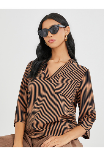 Take Two By Styli Striped V-Neck Chest Pocket Shirt
