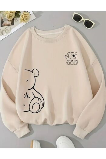 caddekombin Cute Bear Printed Crew Neck Beige Sweatshirt