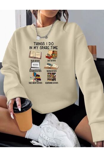 caddekombin Books Printed Crew Neck Beige Sweatshirt