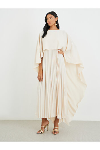 Take Two By Styli Solid Cape Detail Pleated Maxi Dress
