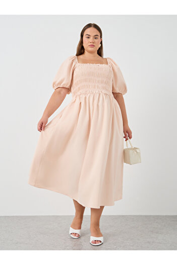 Styli Plus Size Puff Sleeve Smocked Detail A-Line Midi Dress