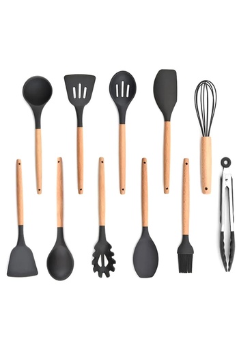 Welora Set of 12 silicone and wooden kitchen utensils with glass holder - Black