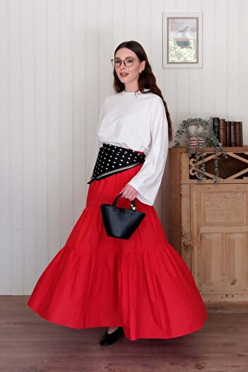 Ceylan Otantik Ecru Body & Red Cross Fold Skirt Suit