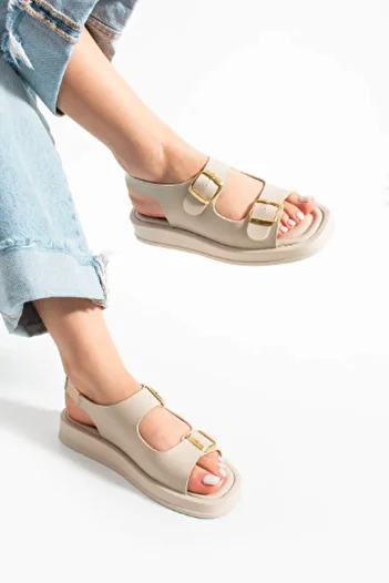 BOUIS Women's Beige Daily Comfortable Sole Double Buckle Sandals Summer Lightweight High Sole Sea Pool Beach Slippers