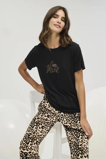 Sevim 16458 Black Leopard Stone Home Wear Pants Pajama Set