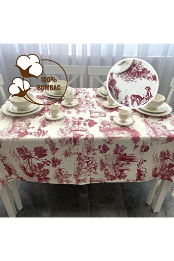 Pucioasa Teflon-coated cotton tablecloth, 160x220cm, burgundy vintage landscape