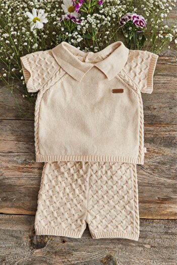 Uludağ Triko Beige Baby Boy Organic Cotton Short Sleeve Sweatshirt Shorts Set