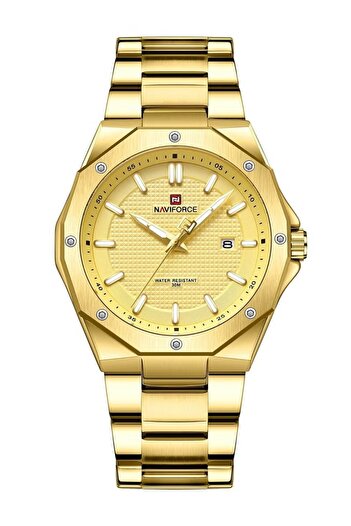 Naviforce Stylish Mens Quartz Watch with Gold Dial Stainless Steel Strap Analog Display Water Resistant