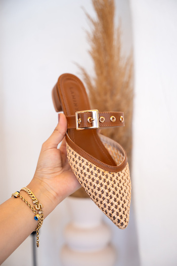 LAMİNTA Pangu Gold Belt Detailed Straw Women's Slippers