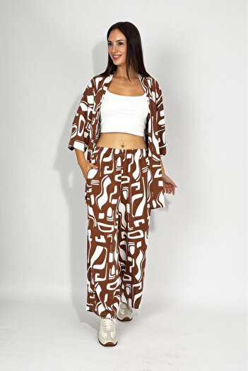 Betimoda Woven Viscose Relaxed Cut Kimono Bottom Long Suit Coffee