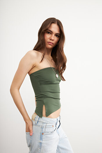 Bipantolon Women's Gathered Asymmetrical Strapless Khaki Blouse