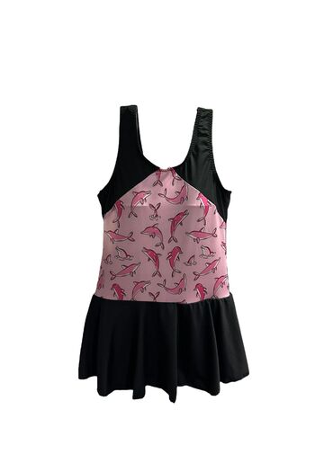 TooHot Girl's Black-Pink Dolphin Themed Dress Swimsuit