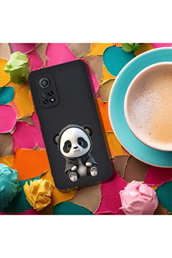 PrintiFy Xiaomi Mi 10t Pro ile Uyumlu Sevimli Panda (0214d) Tasarımlı Siyah Lansman Kılıf