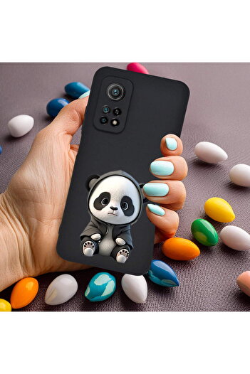 PrintiFy Xiaomi Mi 10t Pro ile Uyumlu Sevimli Panda (0214d) Tasarımlı Siyah Lansman Kılıf
