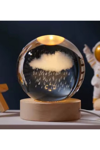 Vefa Decorative Cloud and Rain Design Illuminated Wooden Glass Globe